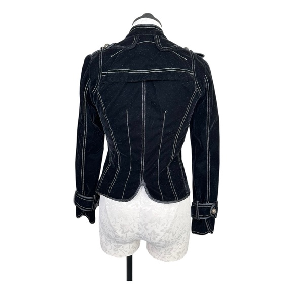 Aziz Black Velvet Military Style Jacket Zip Front Epaulets Bronze Buttons Small - Picture 3 of 14